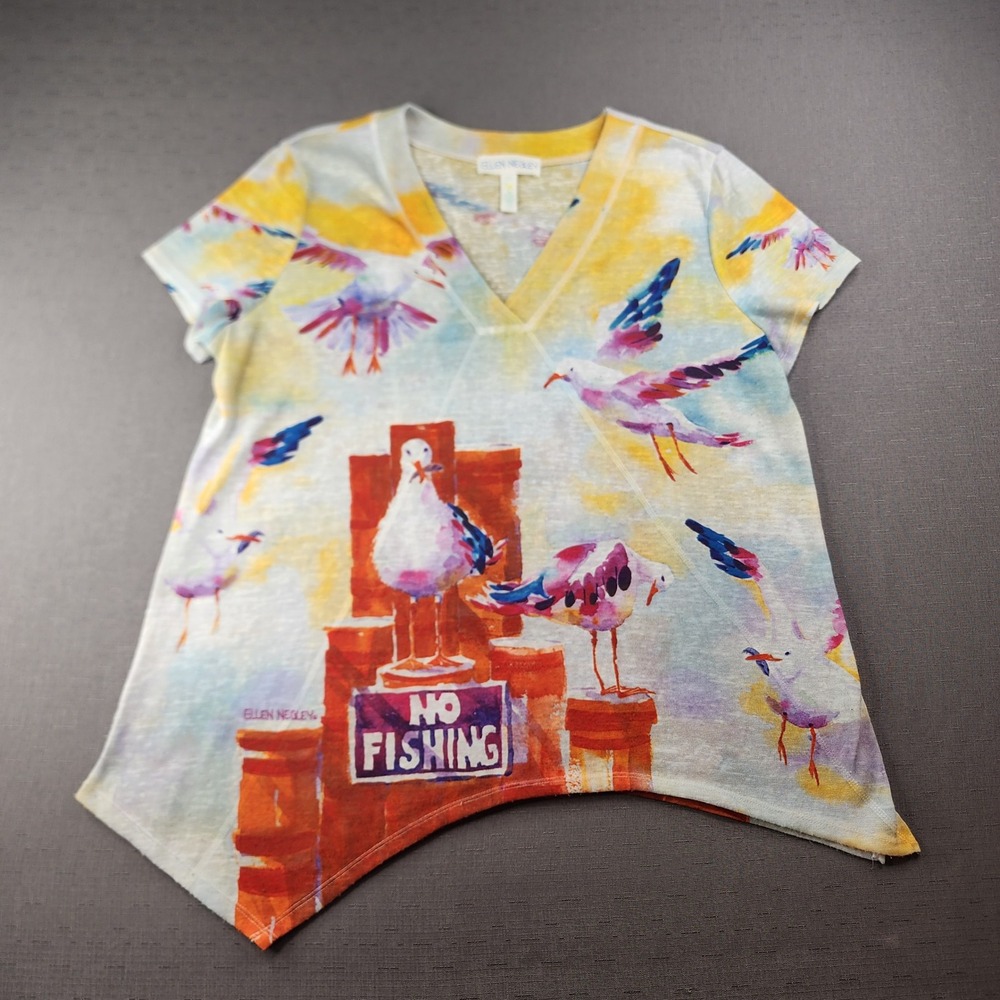 Ellen Negley Art & Sol Seagull Beach Print V-Neck Sharkbite Top XL Coastal Art